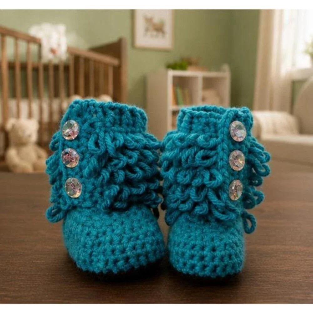 Handmade Teal Crochet Baby Boots, Curly Fringe, Iridescent Buttons (0-3 Months)